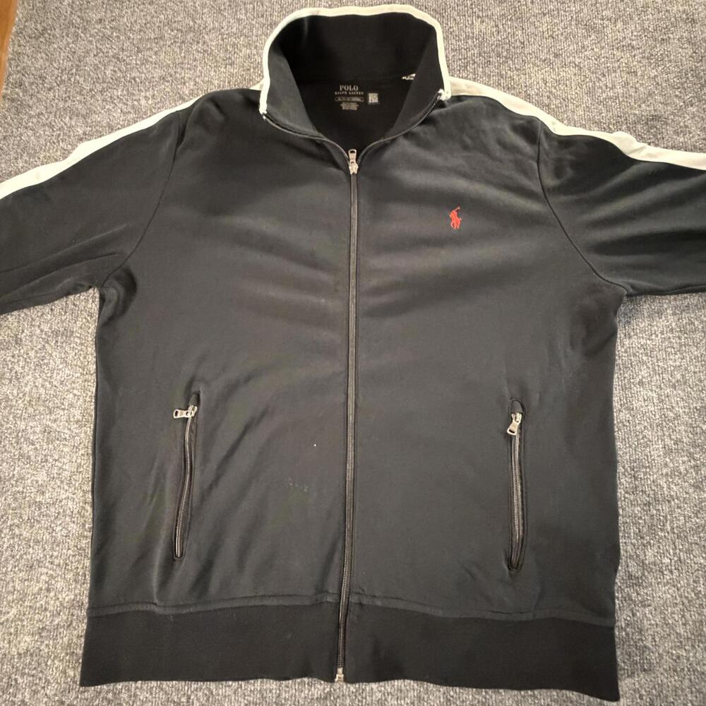 Polo Ralph Lauren Mens Black‎ Zip Up Track Jacket White Stripe XL #744